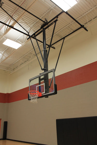 Single Post Rear-Braced Front-Folding Ceiling Hung Basketball Backstop